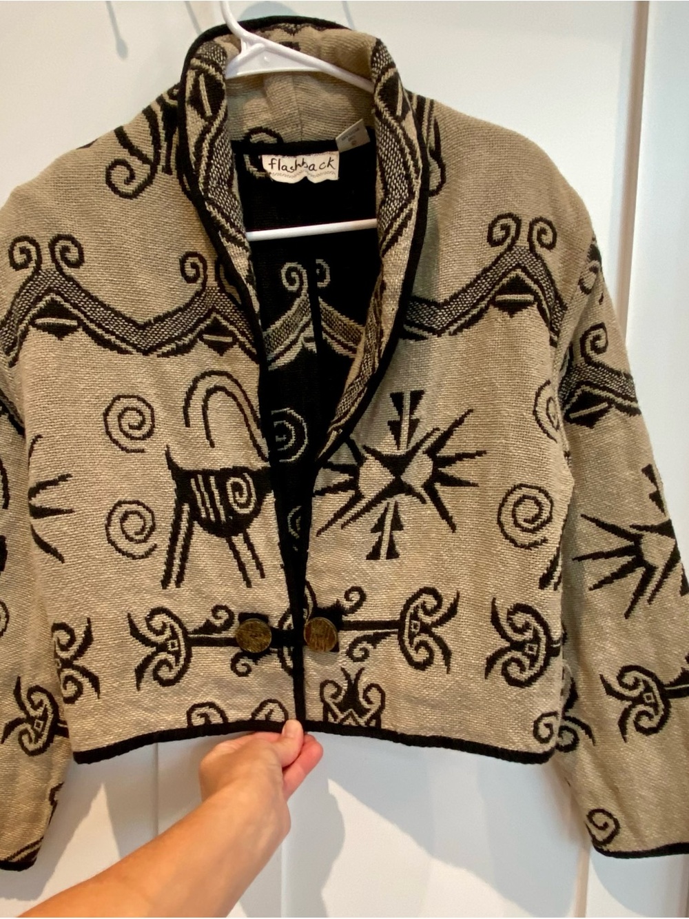 Flashback Vintage Style Beige/Black Tribal  Tapestry Pattern  Women's Cardigan